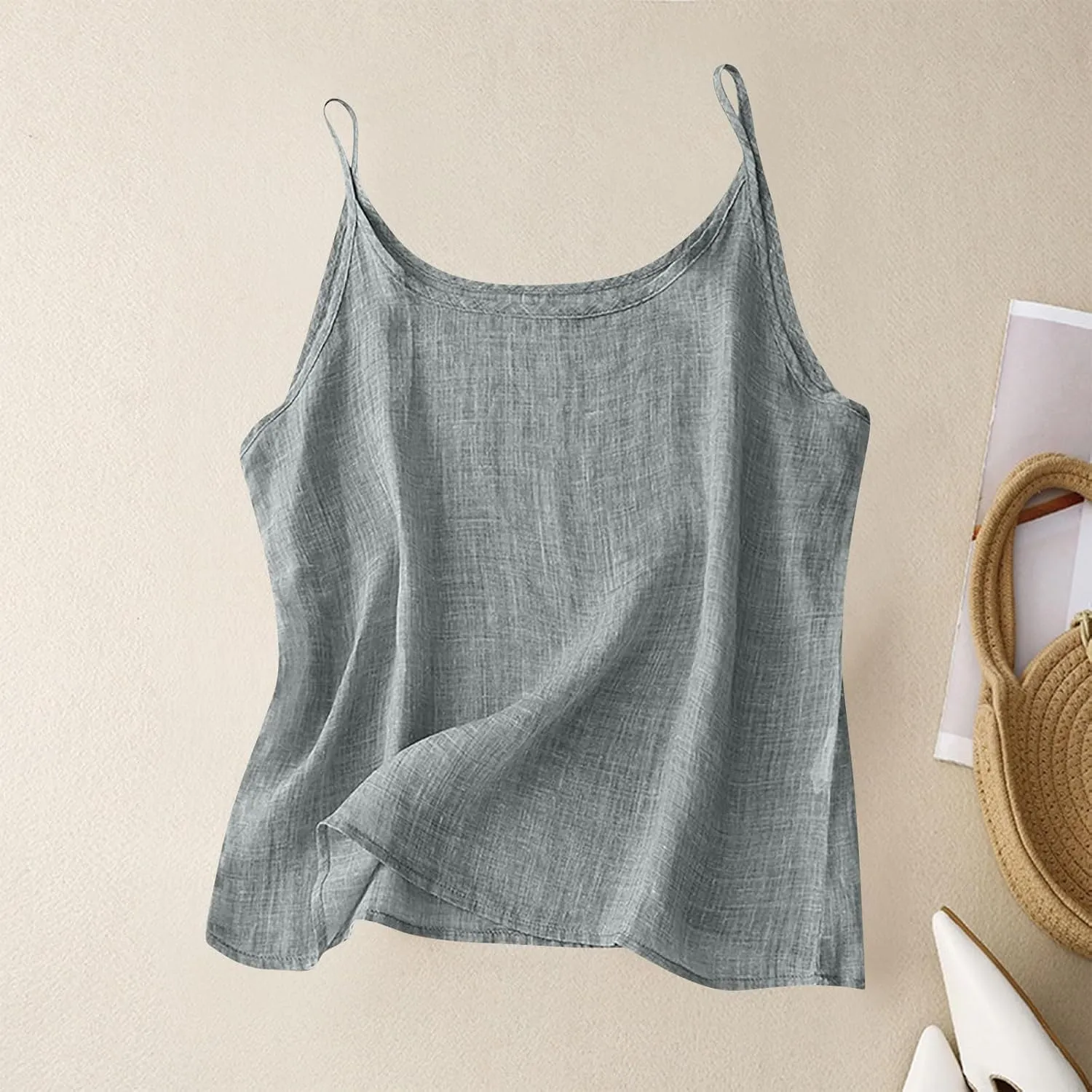 Ctreela Womens Cotton Linen Cami Tank Tops Summer Gauze Layering Camisoles Relaxed Fit Beach Vacation Clothes with Slit