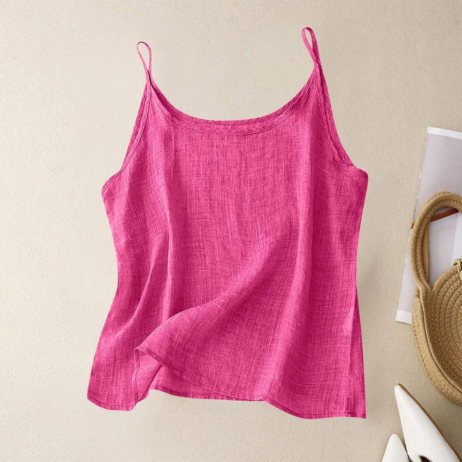 Ctreela Womens Cotton Linen Cami Tank Tops Summer Gauze Layering Camisoles Relaxed Fit Beach Vacation Clothes with Slit