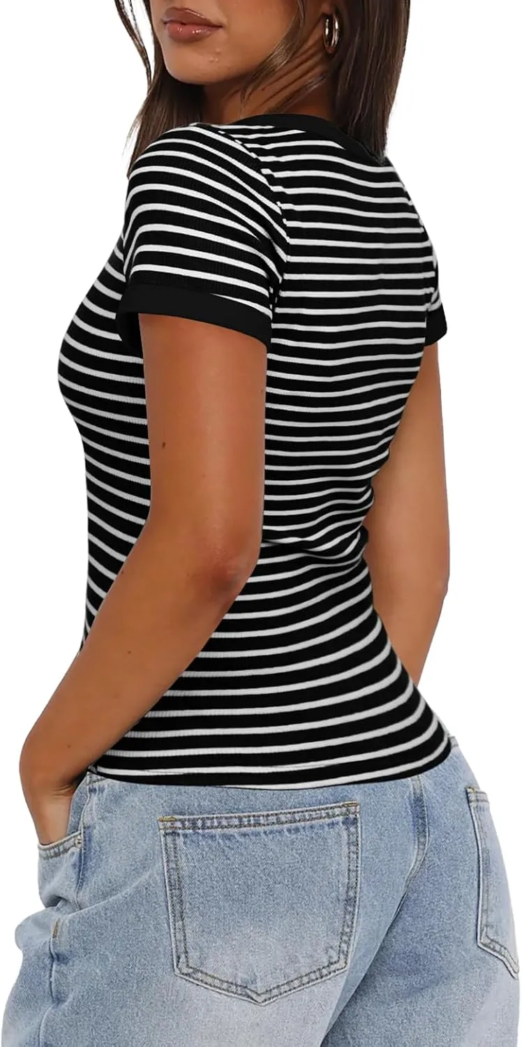 Darong Women Summer Short Sleeve Scoop Neck T-Shirts Ribbed Knit Striped Color Block Basic Shirt Casual Slim Fit Tee Tops