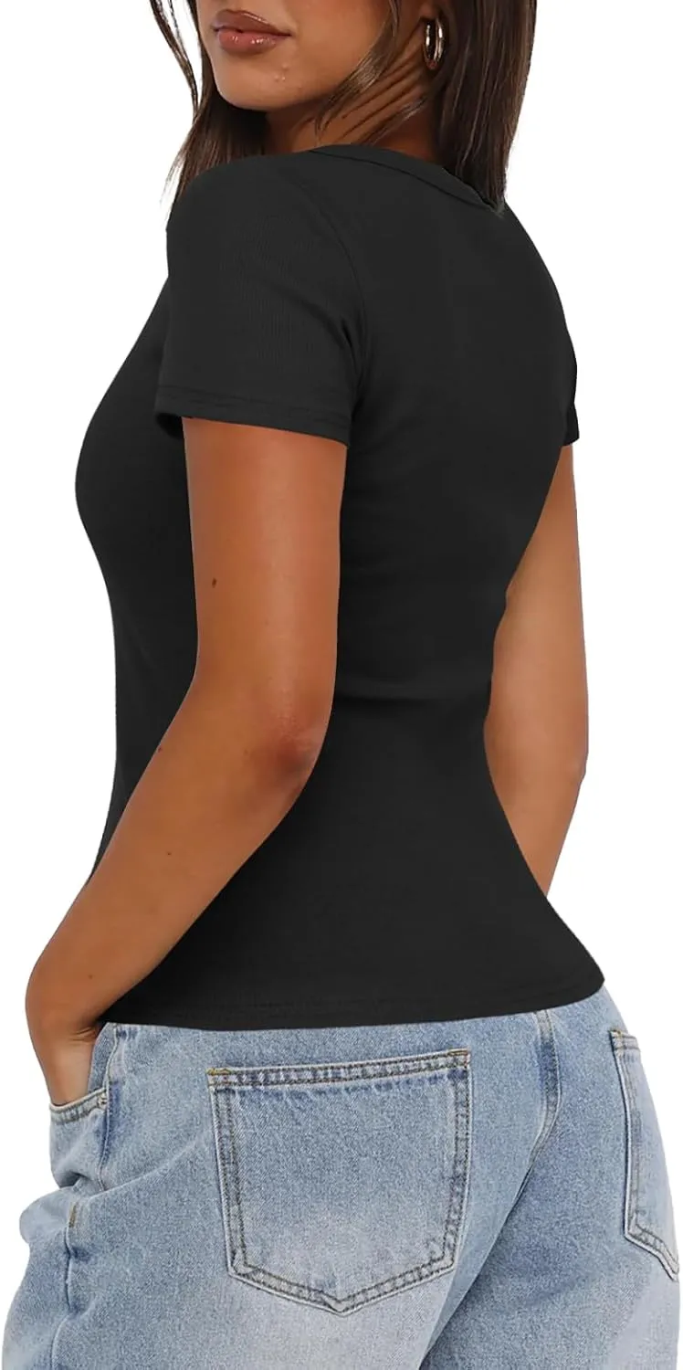 Darong Women Summer Short Sleeve Scoop Neck T-Shirts Ribbed Knit Striped Color Block Basic Shirt Casual Slim Fit Tee Tops