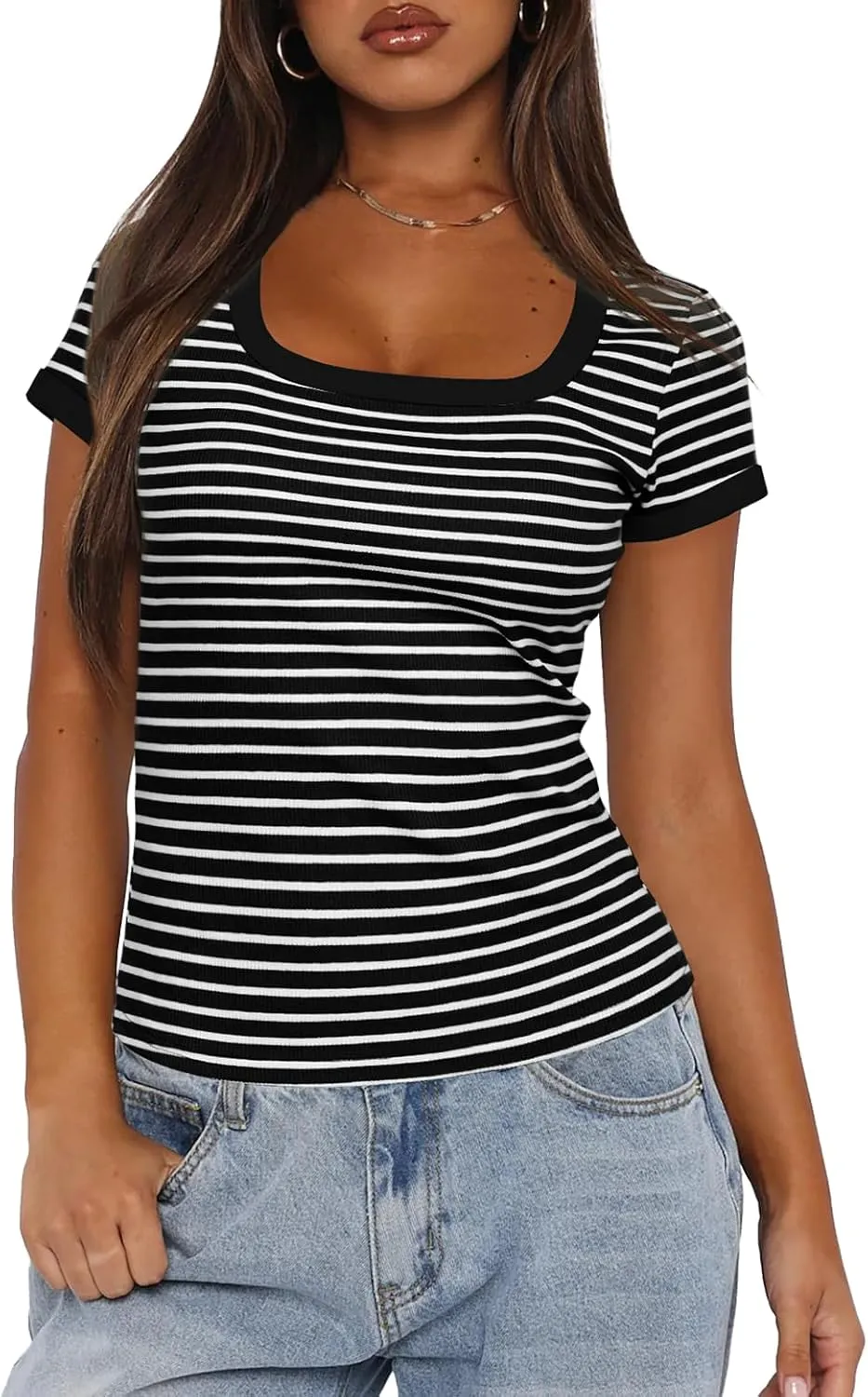 Darong Women Summer Short Sleeve Scoop Neck T-Shirts Ribbed Knit Striped Color Block Basic Shirt Casual Slim Fit Tee Tops
