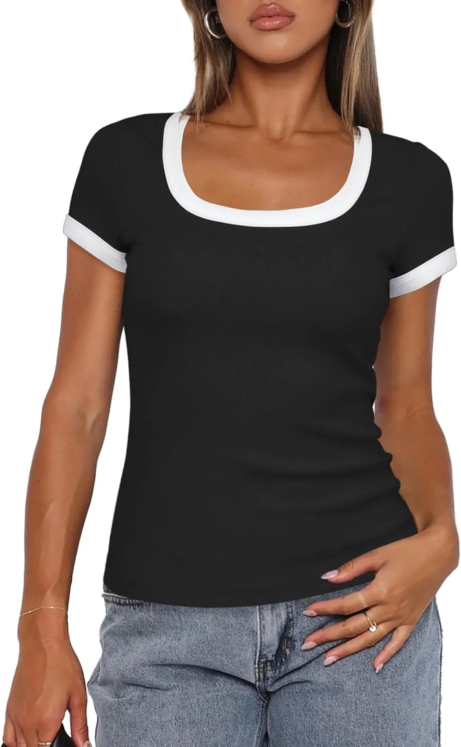 Darong Women Summer Short Sleeve Scoop Neck T-Shirts Ribbed Knit Striped Color Block Basic Shirt Casual Slim Fit Tee Tops