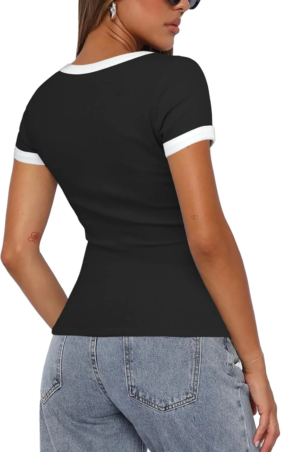 Darong Women Summer Short Sleeve Scoop Neck T-Shirts Ribbed Knit Striped Color Block Basic Shirt Casual Slim Fit Tee Tops