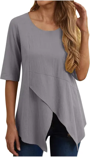 DASAYO Women's Cotton Linen T-Shirts Tops Irregular Hem Flowy Round Neck Tee Shirt Plain Loose Casual Summer Tshirt Blouses