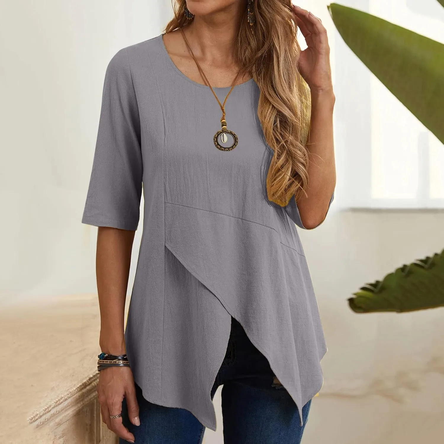 DASAYO Women's Cotton Linen T-Shirts Tops Irregular Hem Flowy Round Neck Tee Shirt Plain Loose Casual Summer Tshirt Blouses