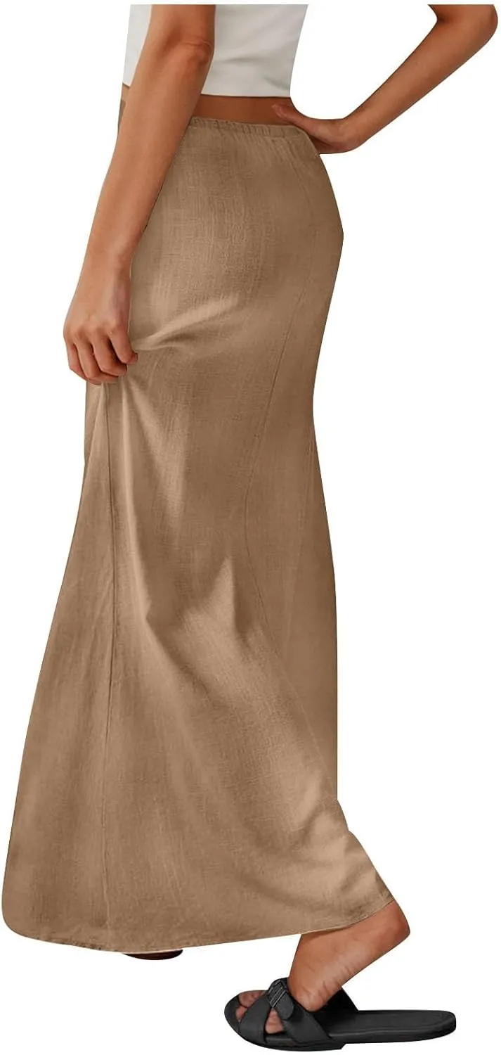 DDAPJ pyju Womens Linen Maxi Skirts Drawstring Waist A Line Skirts Beach Vacation Boho Long Skirt 2025 Summer Casual Outfits
