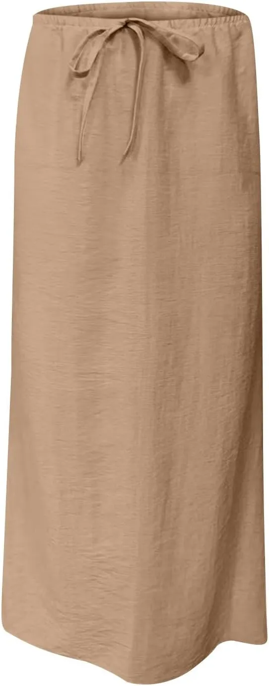 DDAPJ pyju Womens Linen Maxi Skirts Drawstring Waist A Line Skirts Beach Vacation Boho Long Skirt 2025 Summer Casual Outfits