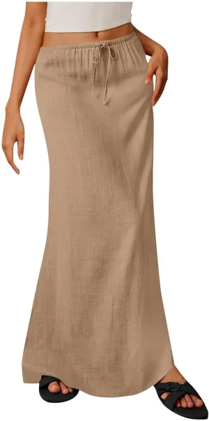 DDAPJ pyju Womens Linen Maxi Skirts Drawstring Waist A Line Skirts Beach Vacation Boho Long Skirt 2025 Summer Casual Outfits