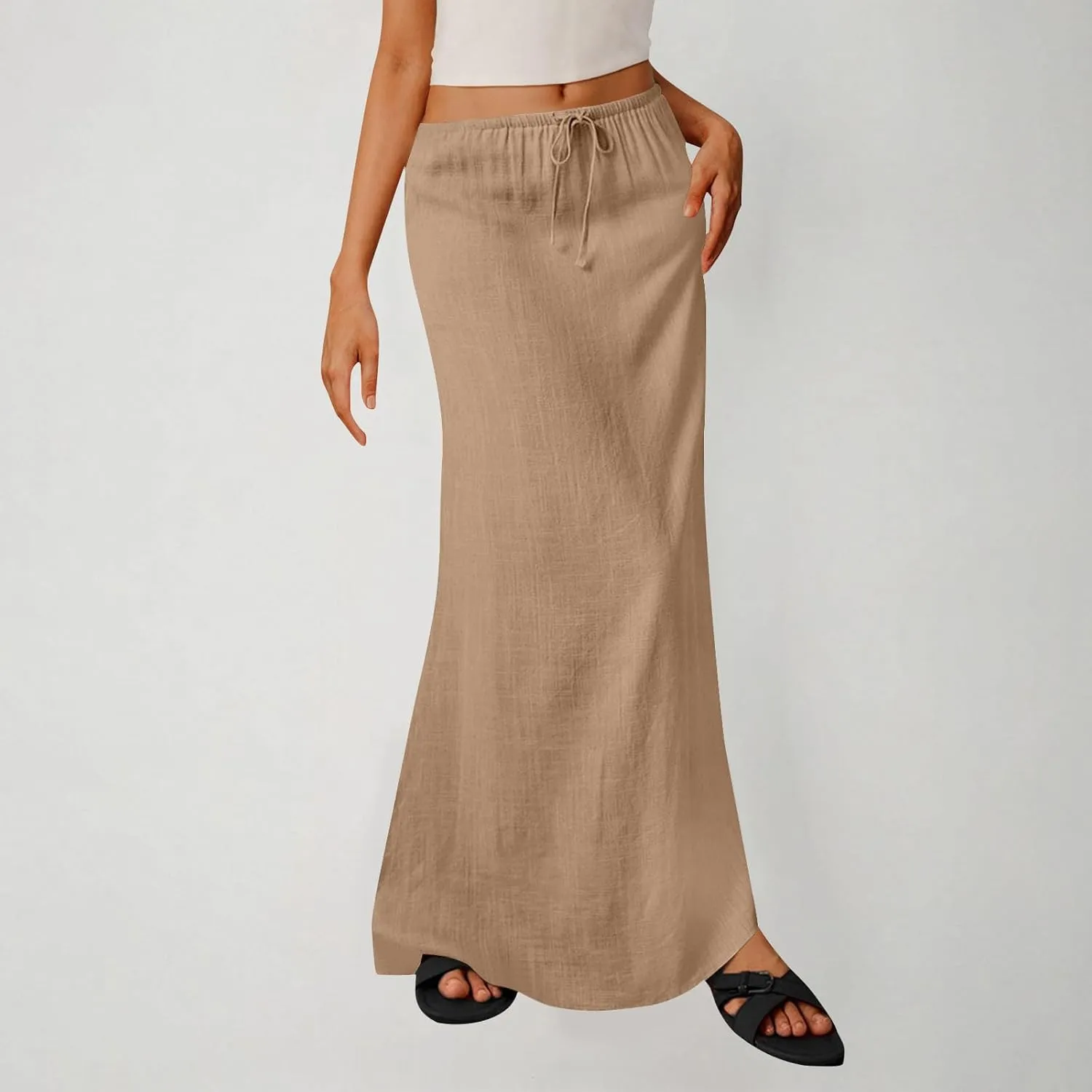 DDAPJ pyju Womens Linen Maxi Skirts Drawstring Waist A Line Skirts Beach Vacation Boho Long Skirt 2025 Summer Casual Outfits