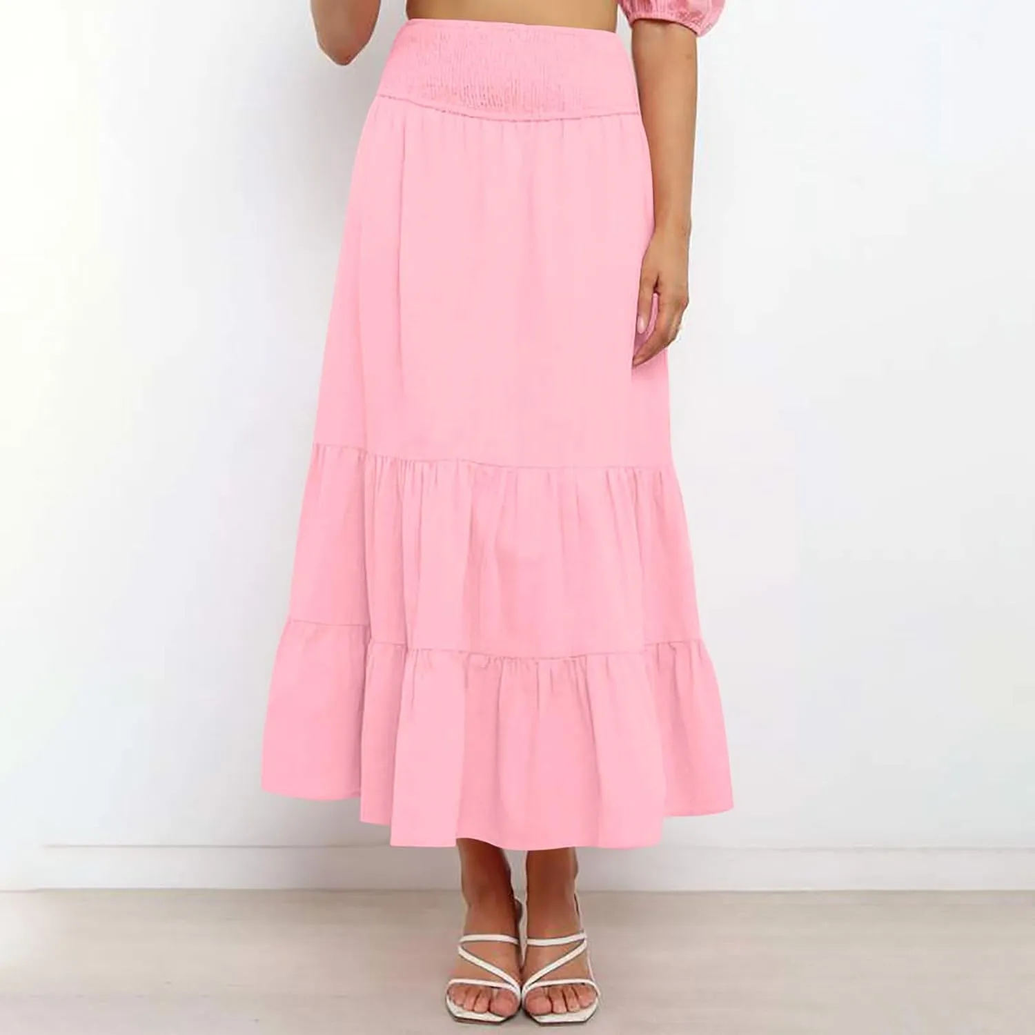 DDAPJ pyju Women's Summer Boho Flowy Tiered A-Line Maxi Skirt 2025 Fashion Smocked Elastic Waist Pleated Long Beach Dress