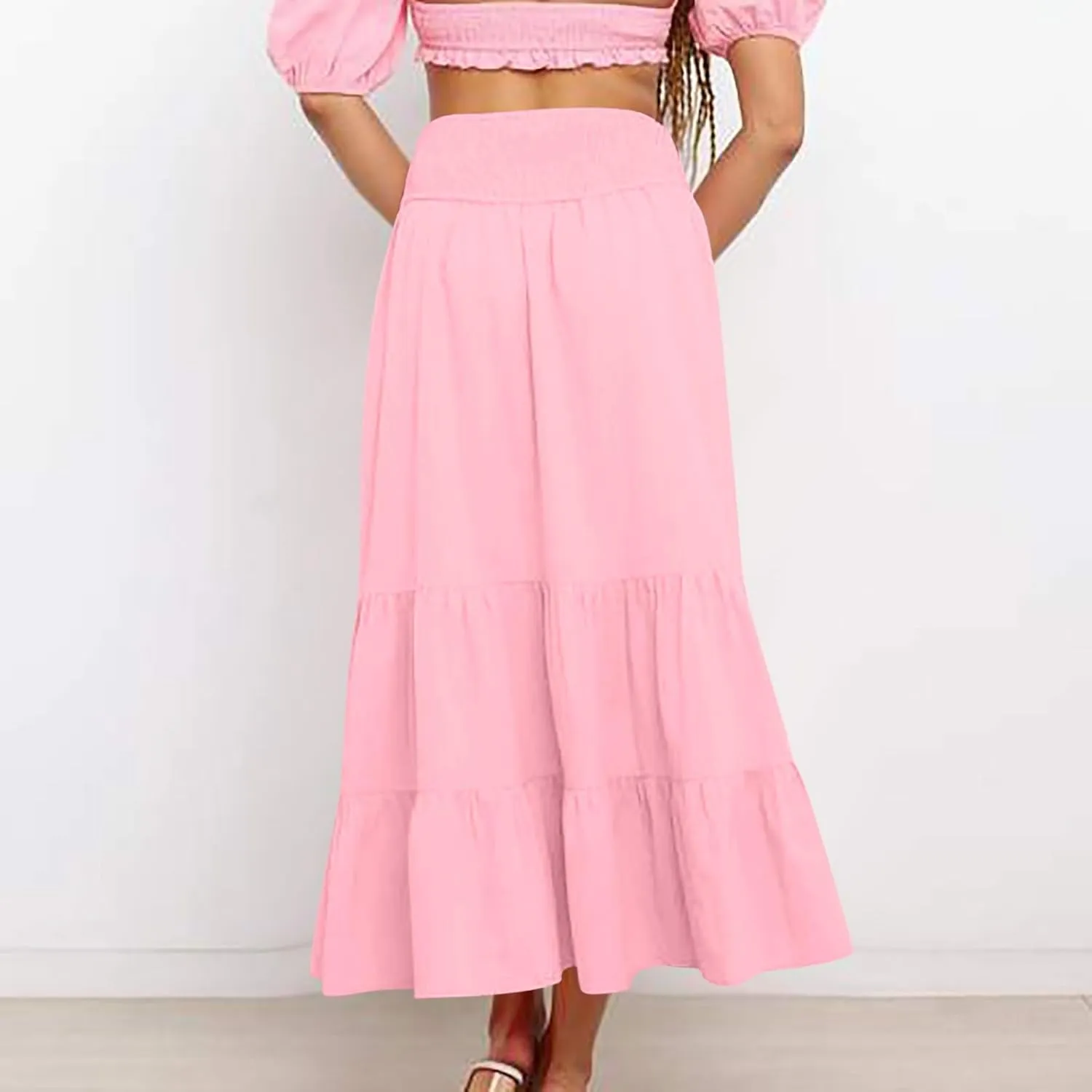 DDAPJ pyju Women's Summer Boho Flowy Tiered A-Line Maxi Skirt 2025 Fashion Smocked Elastic Waist Pleated Long Beach Dress