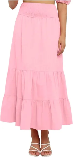 DDAPJ pyju Women's Summer Boho Flowy Tiered A-Line Maxi Skirt 2025 Fashion Smocked Elastic Waist Pleated Long Beach Dress