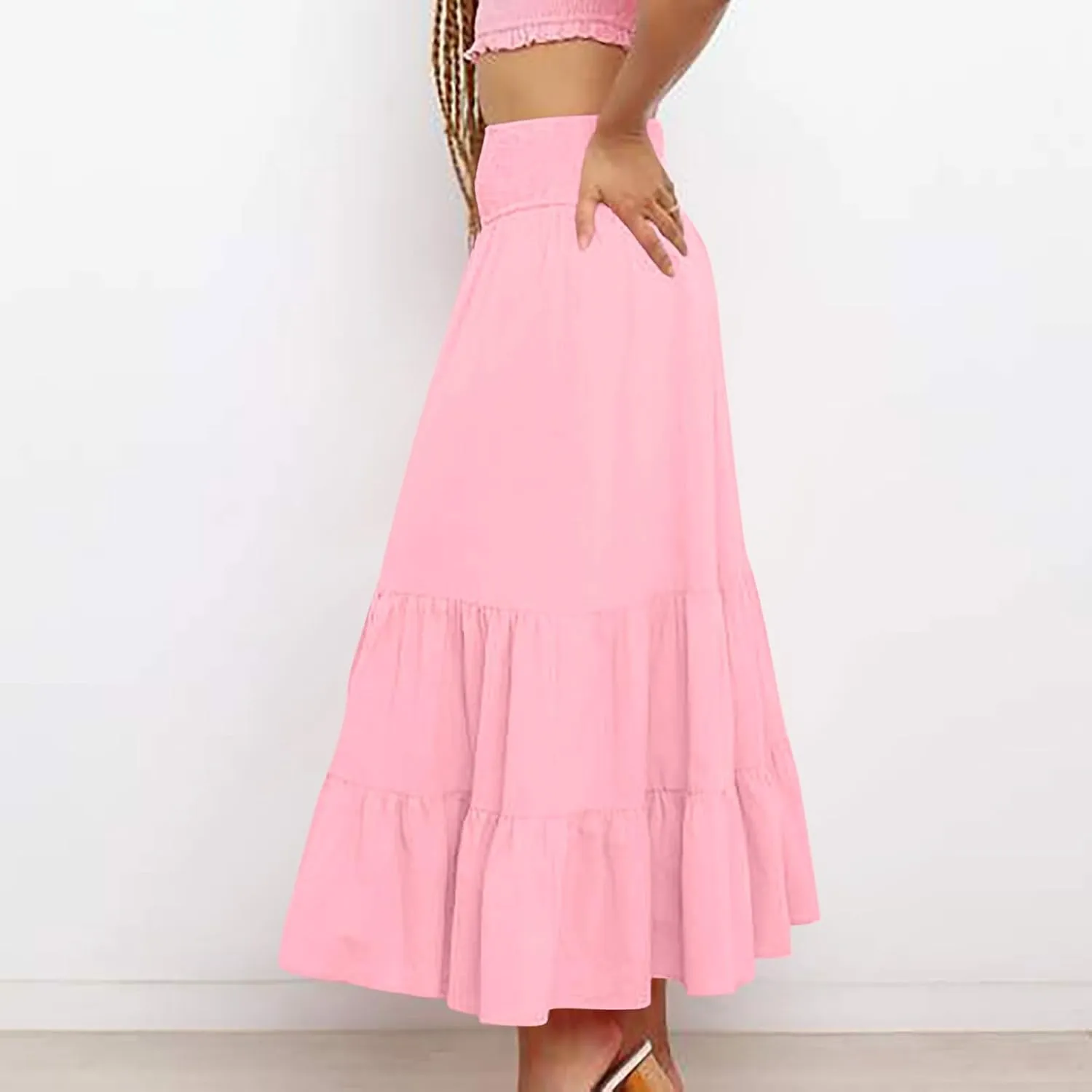 DDAPJ pyju Women's Summer Boho Flowy Tiered A-Line Maxi Skirt 2025 Fashion Smocked Elastic Waist Pleated Long Beach Dress