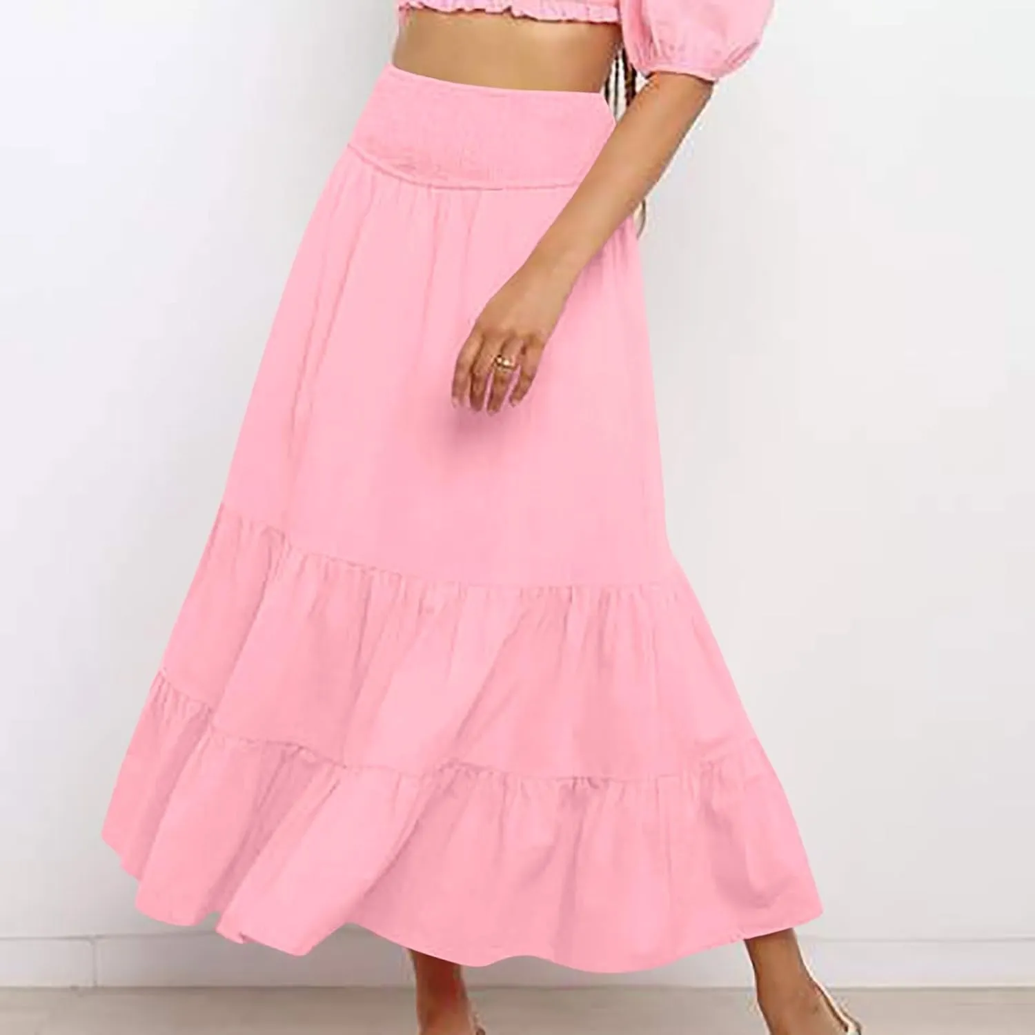 DDAPJ pyju Women's Summer Boho Flowy Tiered A-Line Maxi Skirt 2025 Fashion Smocked Elastic Waist Pleated Long Beach Dress