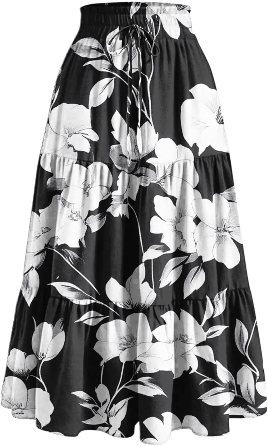 DDAPJ pyju Women's Summer Boho Tiered Maxi Skirt 2025 Trendy Floral Printed Elastic High Waist Pleated Long Beach Skirts