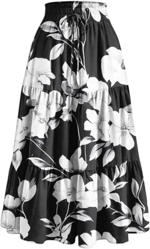 DDAPJ pyju Women's Summer Boho Tiered Maxi Skirt 2025 Trendy Floral Printed Elastic High Waist Pleated Long Beach Skirts