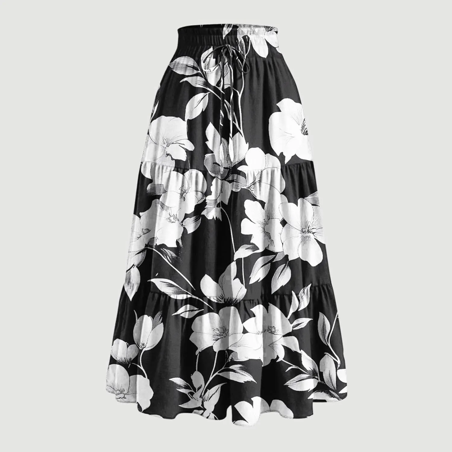 DDAPJ pyju Women's Summer Boho Tiered Maxi Skirt 2025 Trendy Floral Printed Elastic High Waist Pleated Long Beach Skirts