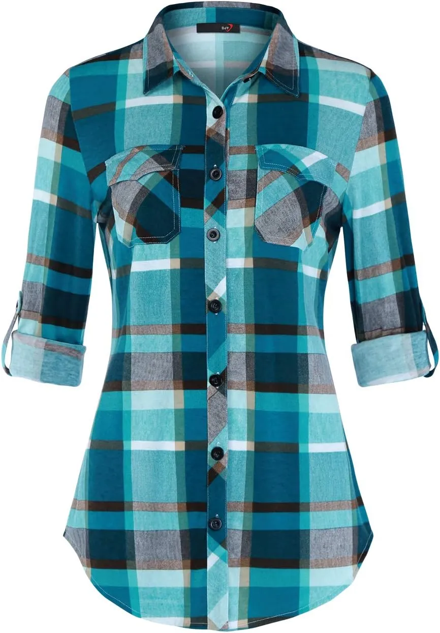 DJT Womens Soft Stretchy Knit Plaid Shirts Roll Up Long Sleeve Collared Button Down Blouses Tops