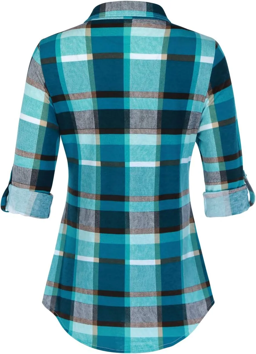 DJT Womens Soft Stretchy Knit Plaid Shirts Roll Up Long Sleeve Collared Button Down Blouses Tops