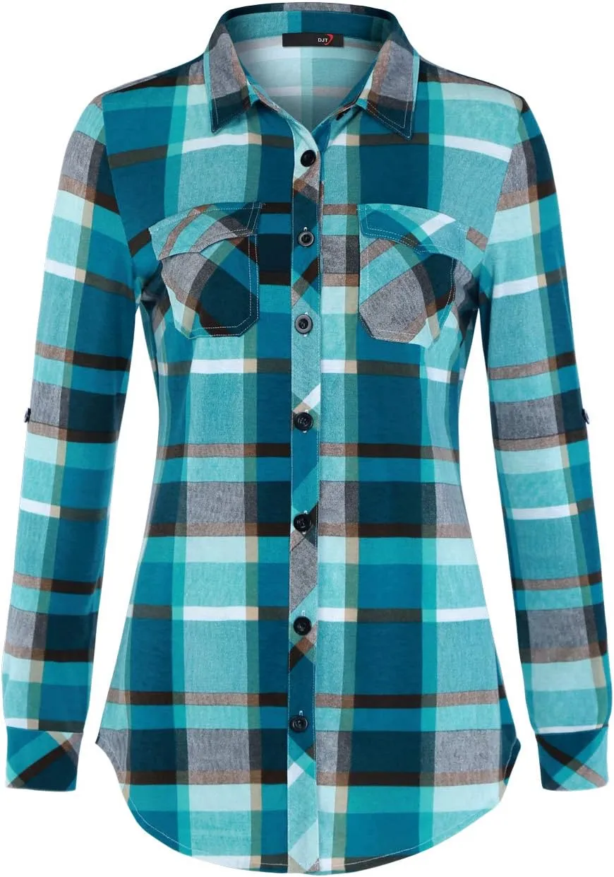 DJT Womens Soft Stretchy Knit Plaid Shirts Roll Up Long Sleeve Collared Button Down Blouses Tops