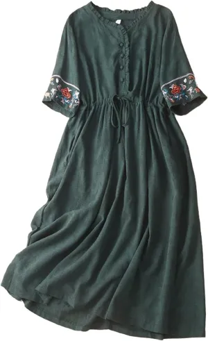 Embroidered Linen Maxi Dress Women Casual Summer Boho Petite Cotton Midi Dresses Short Sleeve A Line Beach Dress