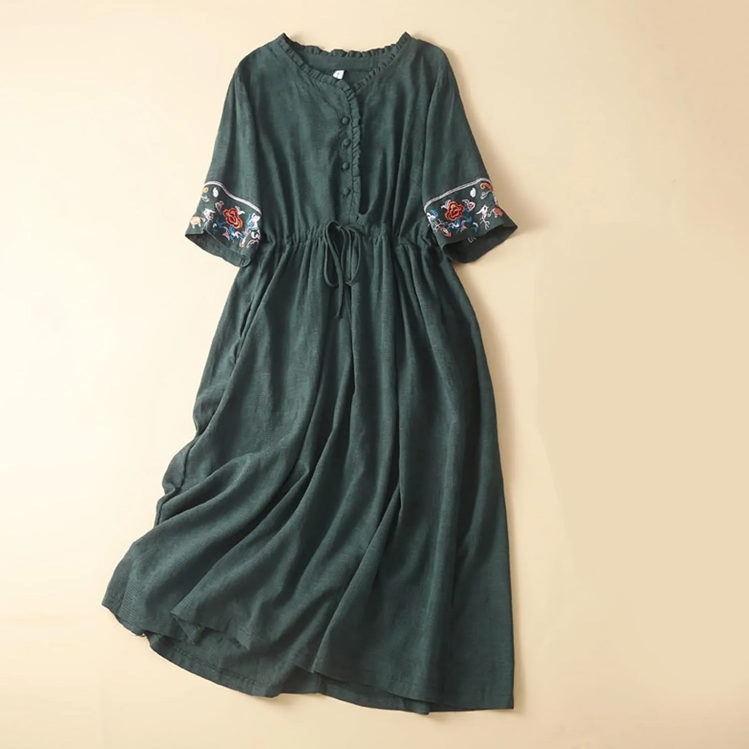 Embroidered Linen Maxi Dress Women Casual Summer Boho Petite Cotton Midi Dresses Short Sleeve A Line Beach Dress