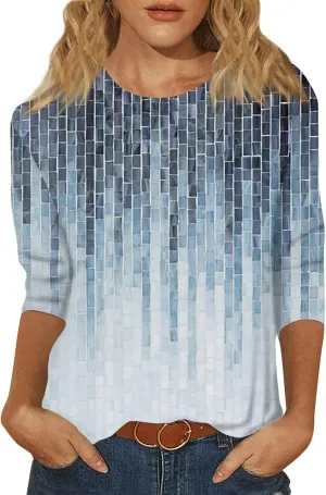 Fall Tops for Women 3/4 Sleeve Crewneck Cute Shirts Casual Trendy Print Blouses Casual T Shirt 2025