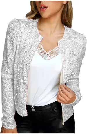Fashion Sequin Jacket Women's Casual Party Elegant Sparkle Long Sleeve Jackets Glitter Front Zip Blazer Bomber Jacket