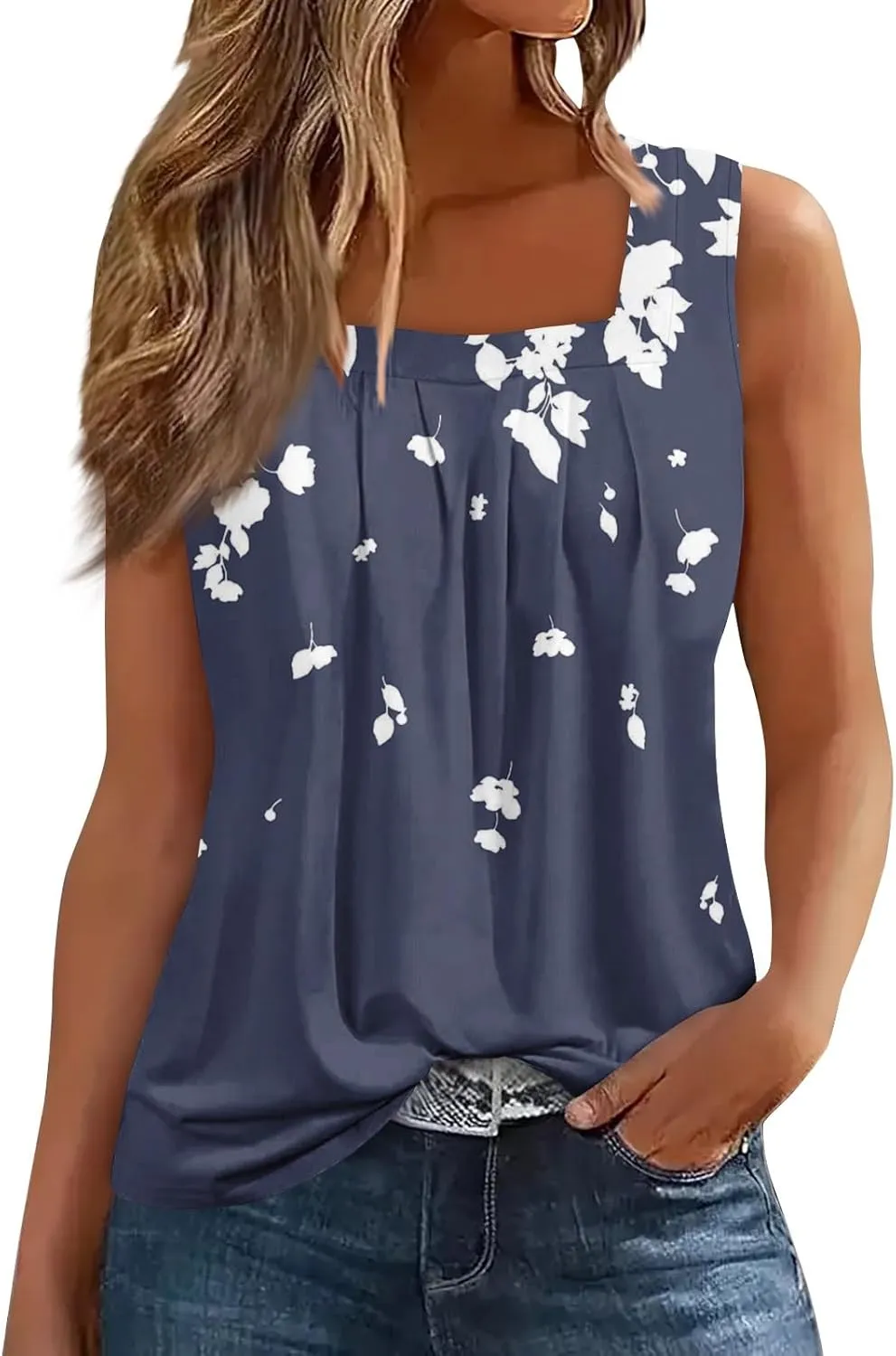 FlekmanArt Tank Top for Women Color Block Square Collar Tank Top Striped Tank Tee Summer Casual Loose Fit Sleeveless Shirt