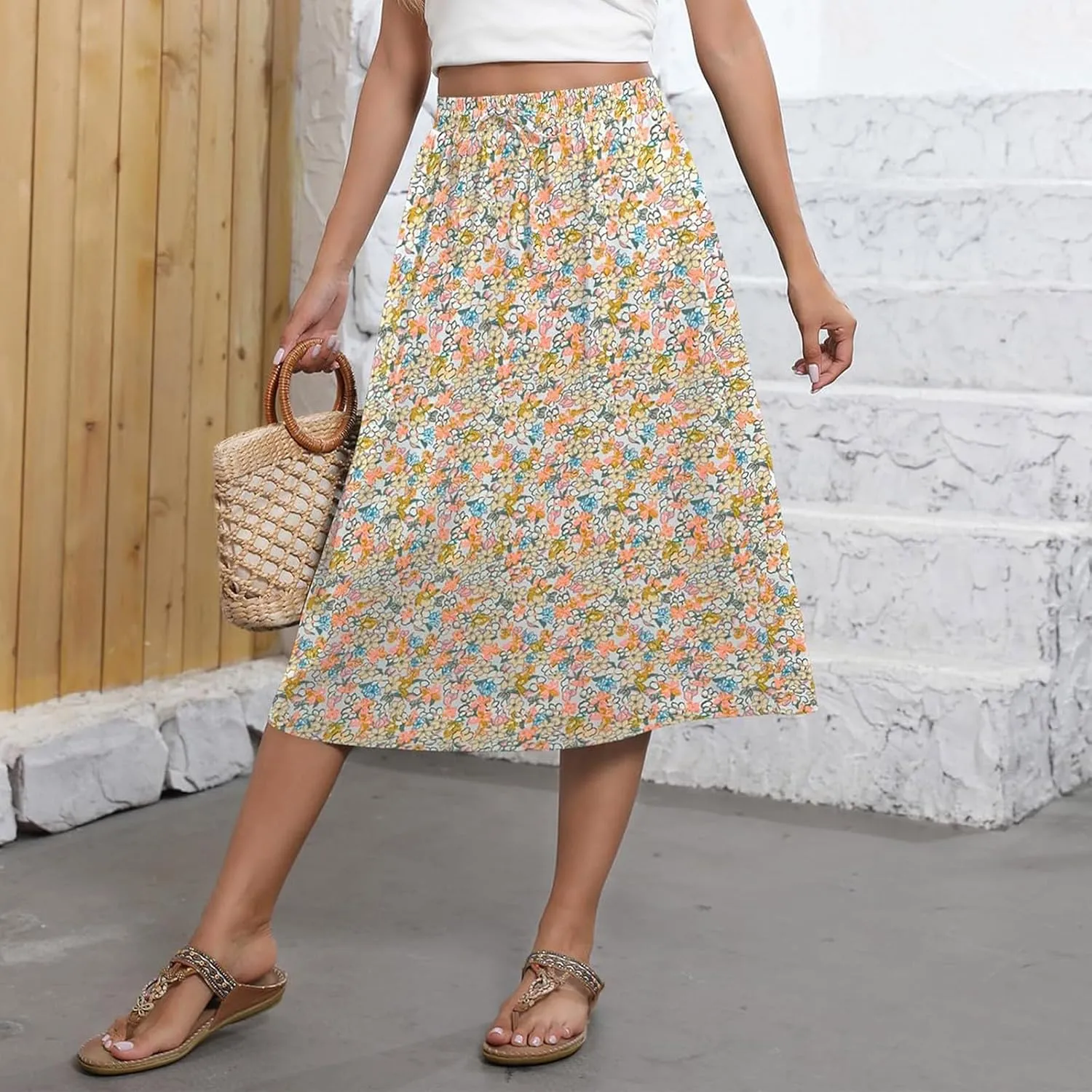Floral Skirts for Women Trendy Drawstring High Waisted Flowy Boho Midi Skirts Y2k Pleated a Line Skirt with Pockets