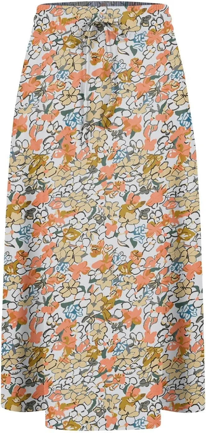 Floral Skirts for Women Trendy Drawstring High Waisted Flowy Boho Midi Skirts Y2k Pleated a Line Skirt with Pockets