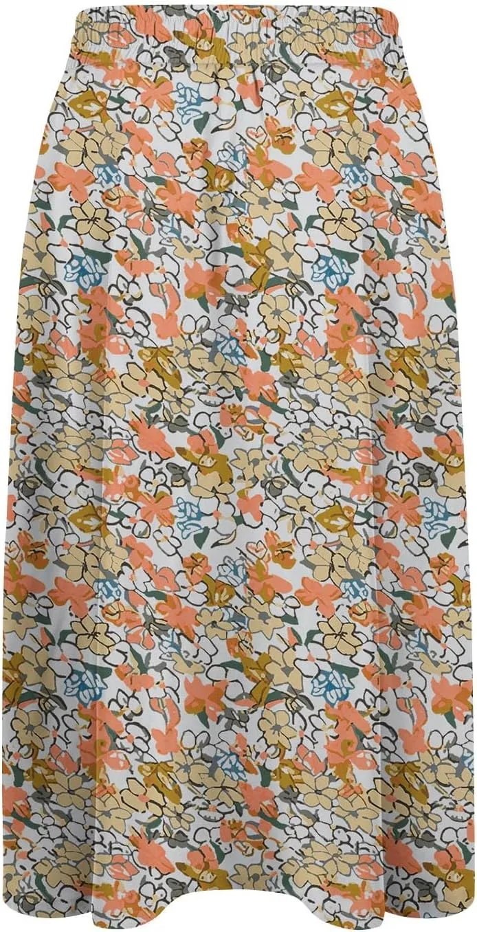 Floral Skirts for Women Trendy Drawstring High Waisted Flowy Boho Midi Skirts Y2k Pleated a Line Skirt with Pockets