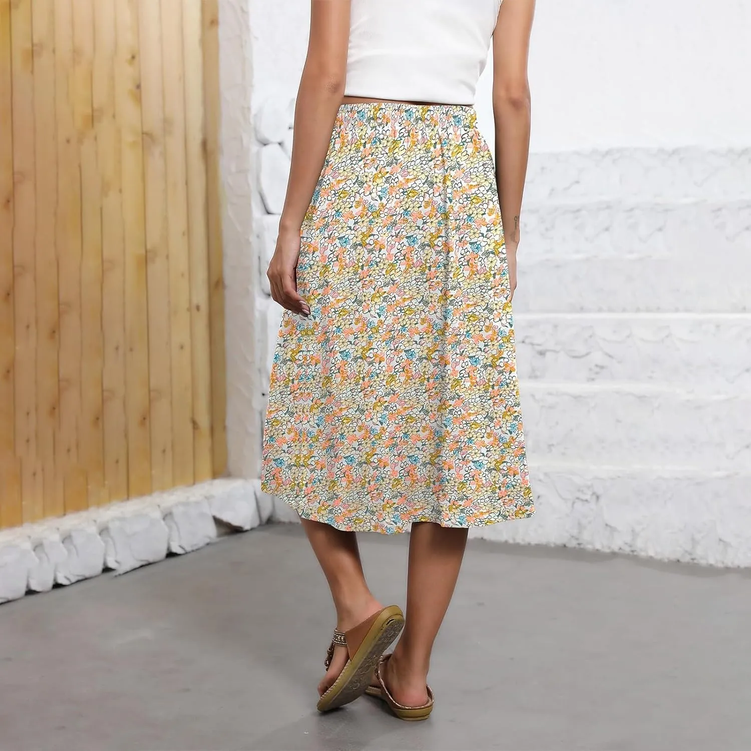 Floral Skirts for Women Trendy Drawstring High Waisted Flowy Boho Midi Skirts Y2k Pleated a Line Skirt with Pockets