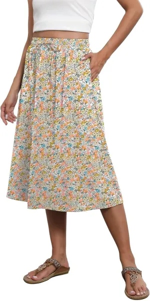 Floral Skirts for Women Trendy Drawstring High Waisted Flowy Boho Midi Skirts Y2k Pleated a Line Skirt with Pockets