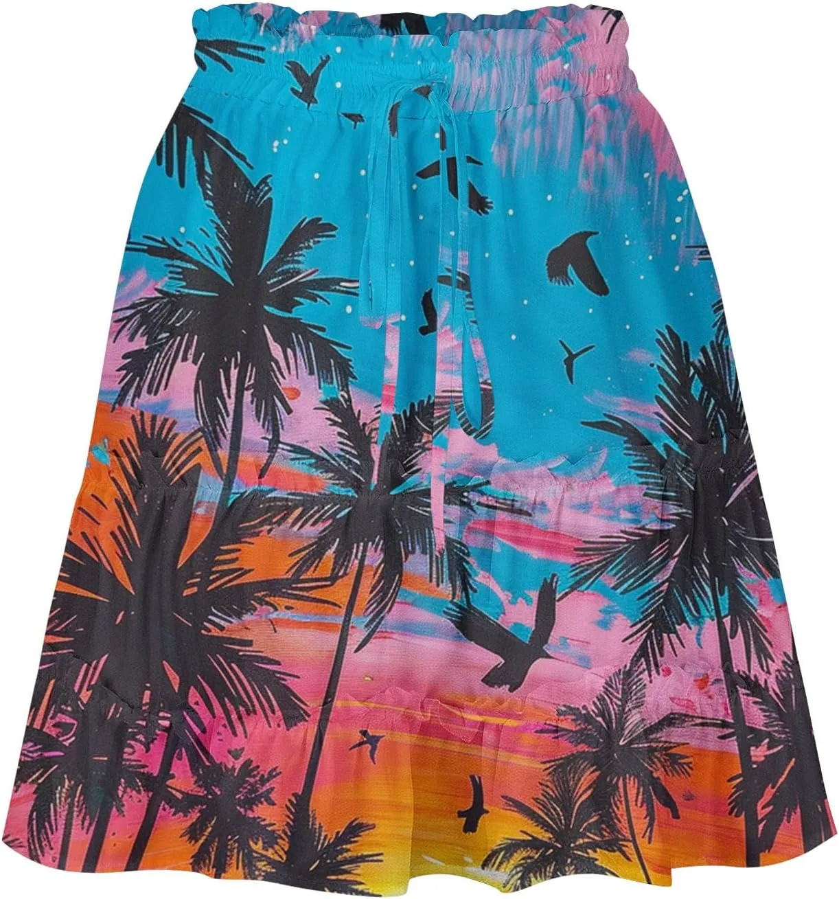 Flowy Floral Mini Skirts for Women High Waisted Boho Skirt Elastic Drawstring Tiered Skirts Ruffle Beach Skirt