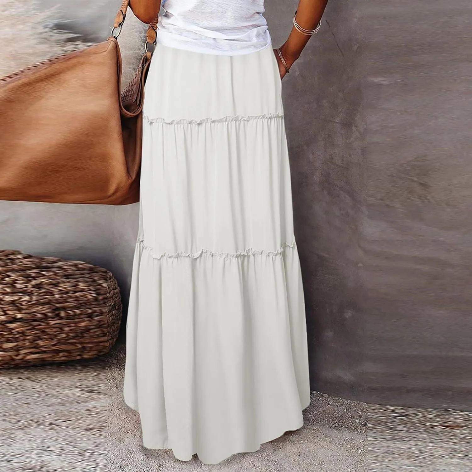 Flowy Maxi Skirts for Women High Waisted Tiered Long Skirt Ladies Soft Drawstring Casual Ruffle Skirts