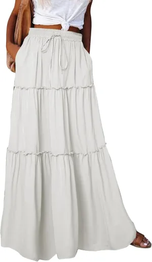 Flowy Maxi Skirts for Women High Waisted Tiered Long Skirt Ladies Soft Drawstring Casual Ruffle Skirts