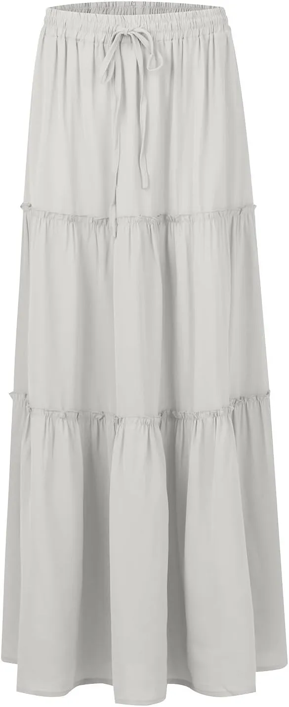 Flowy Maxi Skirts for Women High Waisted Tiered Long Skirt Ladies Soft Drawstring Casual Ruffle Skirts