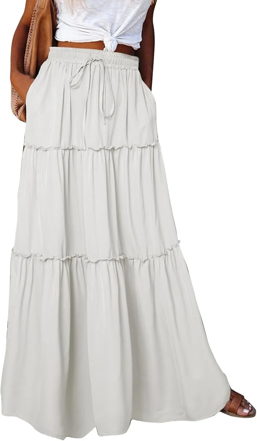 Flowy Maxi Skirts for Women High Waisted Tiered Long Skirt Ladies Soft Drawstring Casual Ruffle Skirts