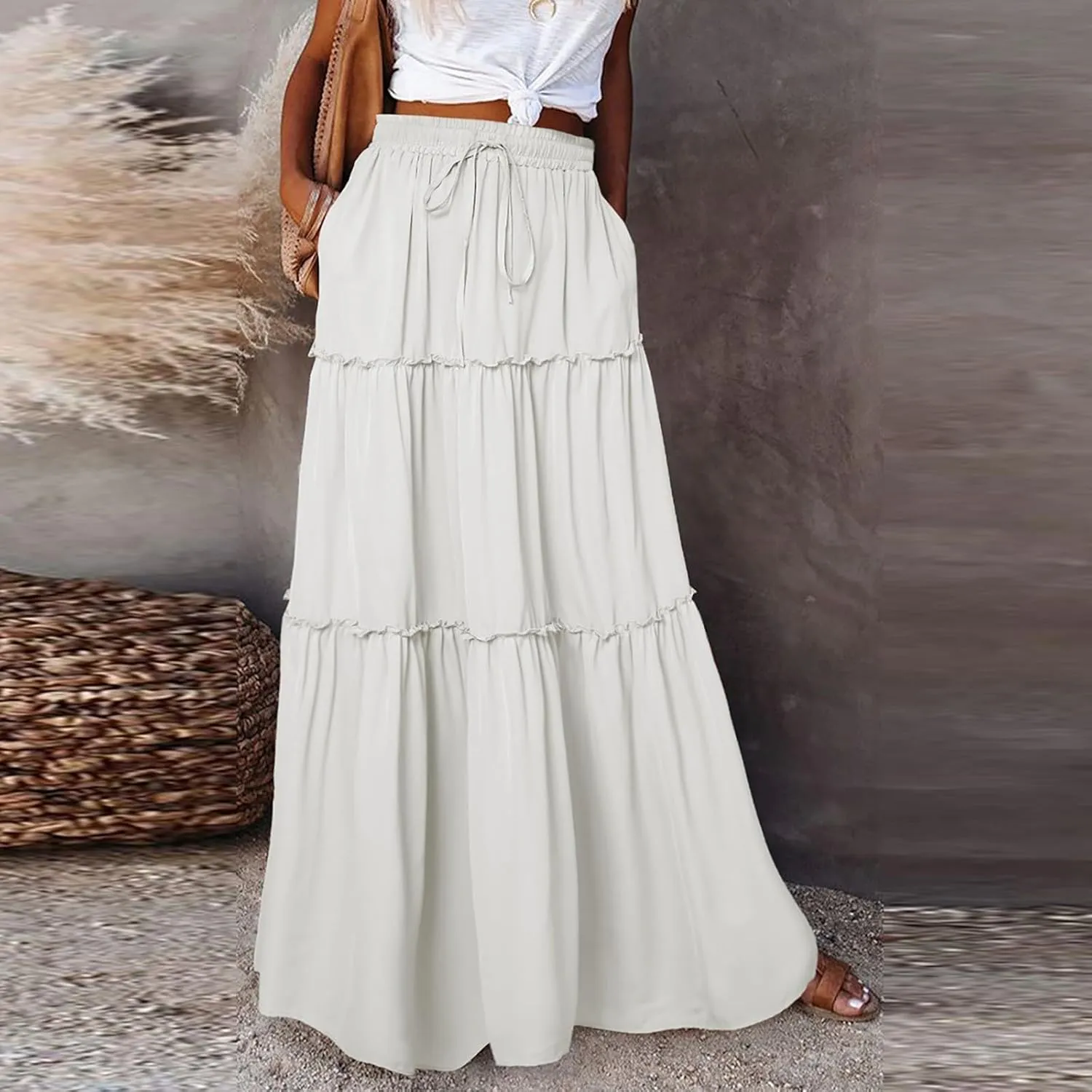 Flowy Maxi Skirts for Women High Waisted Tiered Long Skirt Ladies Soft Drawstring Casual Ruffle Skirts