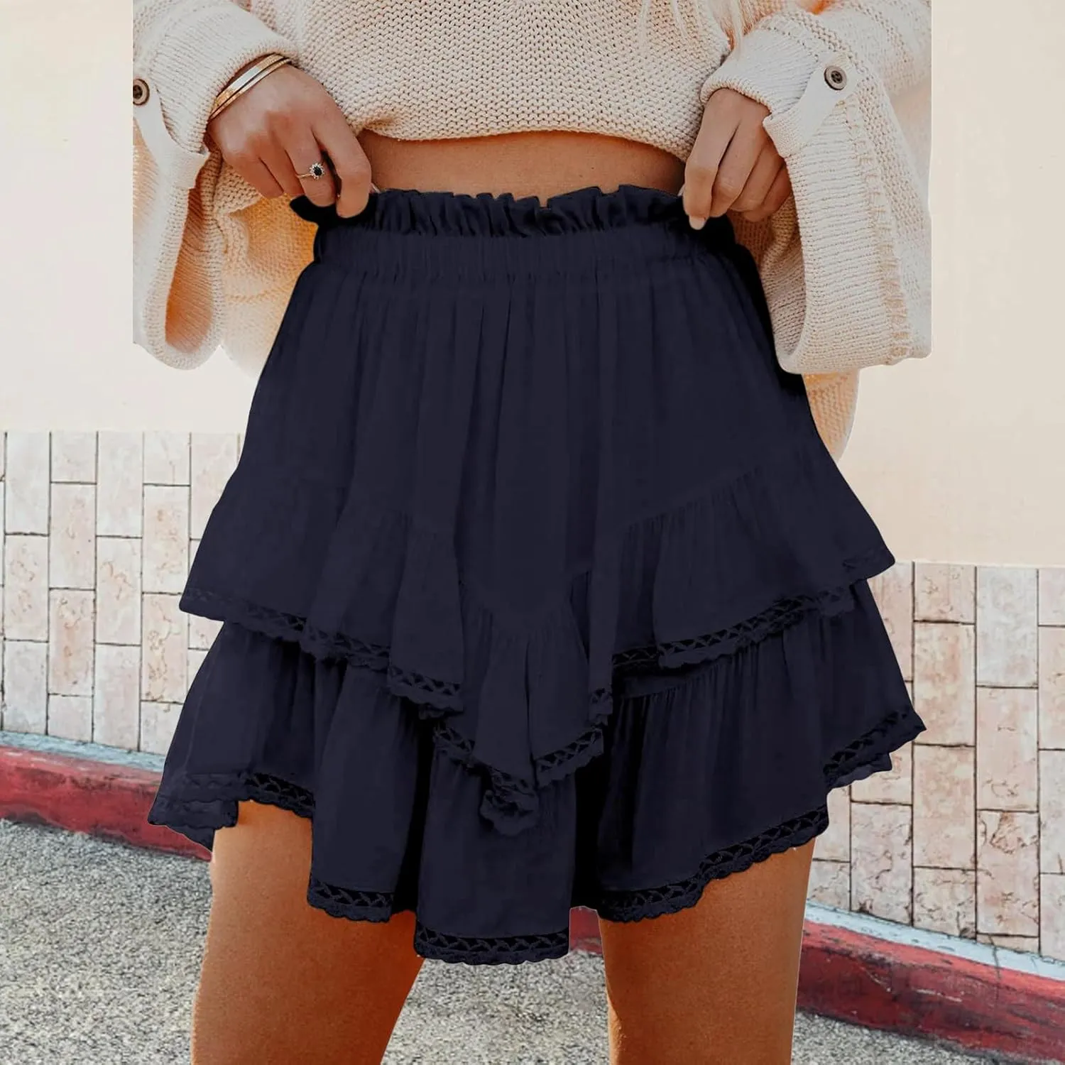 Flowy Skirt for Women Casual Boho Ruffle Tiered Mini Skirts High Waist Golf Tennis Crochet Skirt Summer Y2K Clothes