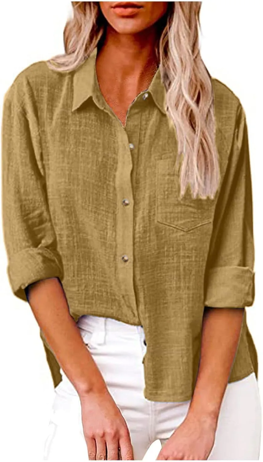FQZWONG Womens Spring Tops 2025 Button Down Shirts for Women Loose Casual Solid Cotton Linen Tshirts Trendy Ladies Blouses