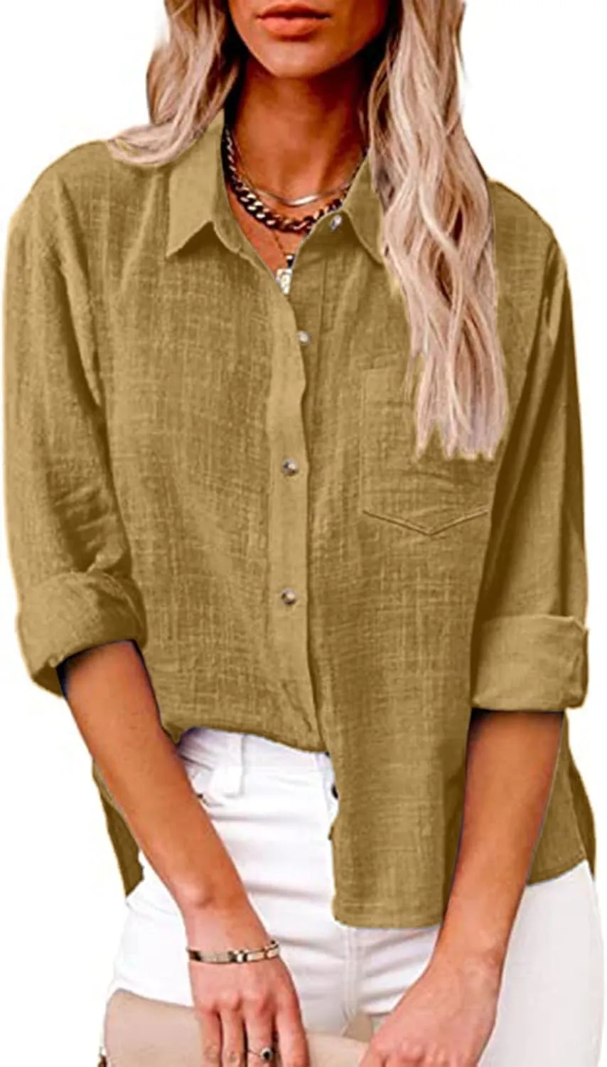 FQZWONG Womens Spring Tops 2025 Button Down Shirts for Women Loose Casual Solid Cotton Linen Tshirts Trendy Ladies Blouses