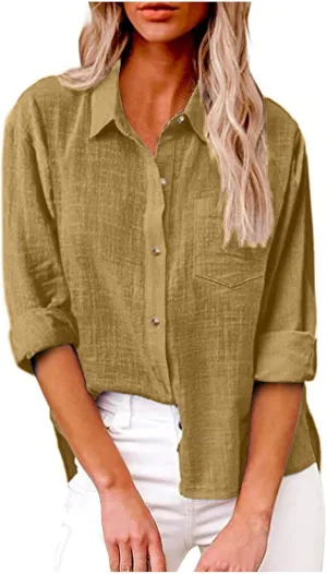 FQZWONG Womens Spring Tops 2025 Button Down Shirts for Women Loose Casual Solid Cotton Linen Tshirts Trendy Ladies Blouses