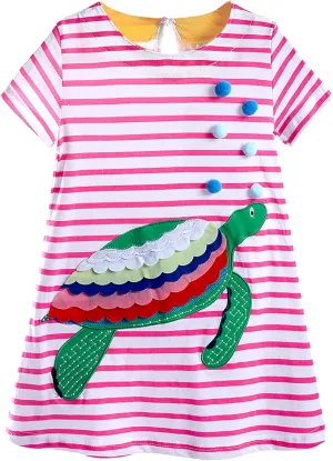 FreeLu Girls Cartoon Appliques Dress Cotton Summer Short Sleeve Dresses Casual Jersey Skirt