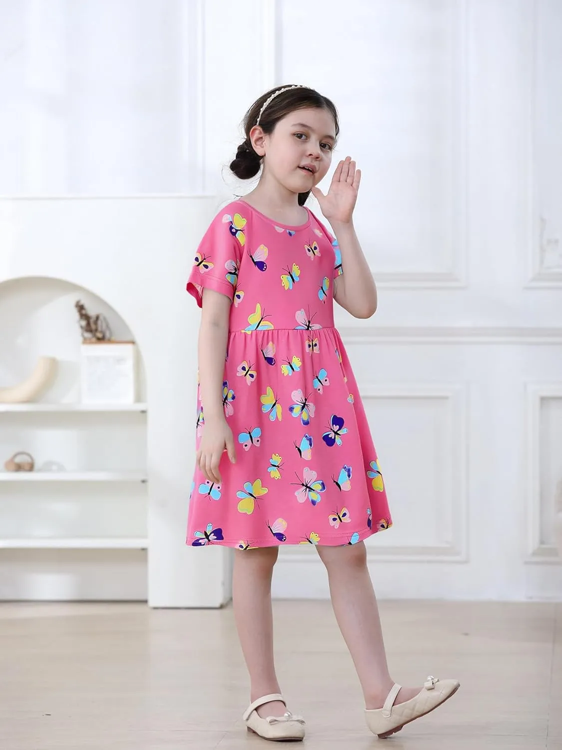FreeLu Girls Cartoon Appliques Dress Cotton Summer Short Sleeve Dresses Casual Jersey Skirt