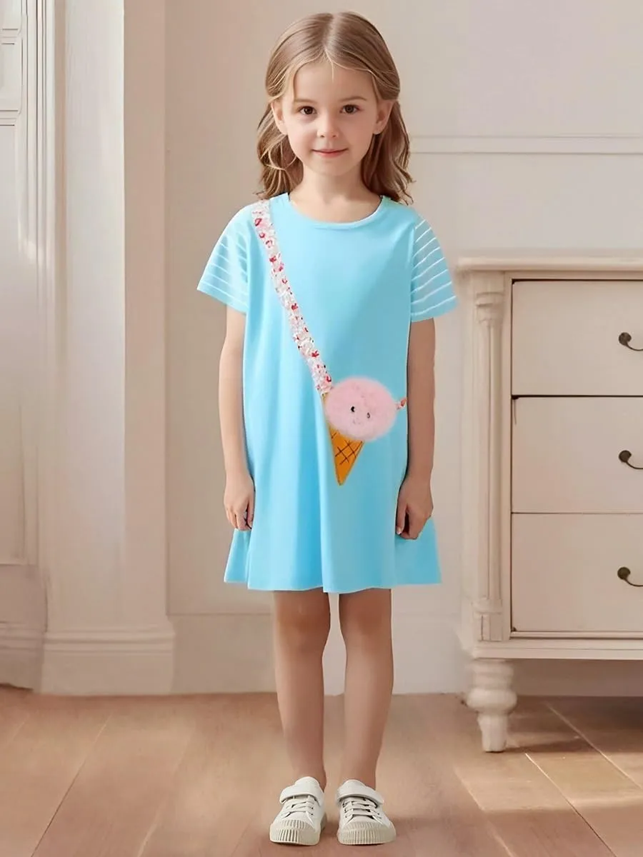 FreeLu Girls Cartoon Appliques Dress Cotton Summer Short Sleeve Dresses Casual Jersey Skirt