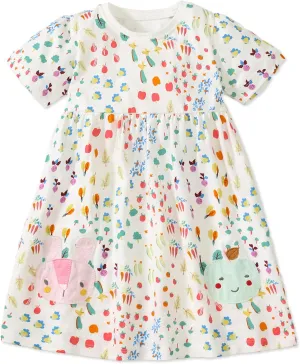 FreeLu Girls Cartoon Appliques Dress Cotton Summer Short Sleeve Dresses Casual Jersey Skirt