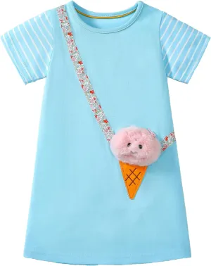 FreeLu Girls Cartoon Appliques Dress Cotton Summer Short Sleeve Dresses Casual Jersey Skirt