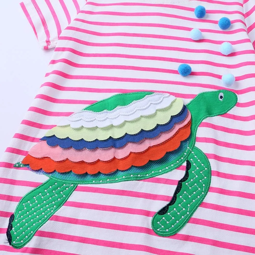 FreeLu Girls Cartoon Appliques Dress Cotton Summer Short Sleeve Dresses Casual Jersey Skirt